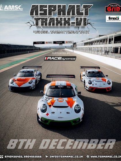 Another poster for the Asphalt Traxx finale, showcasing high-end Porsche race cars. We bring serious racing to Bangalore.