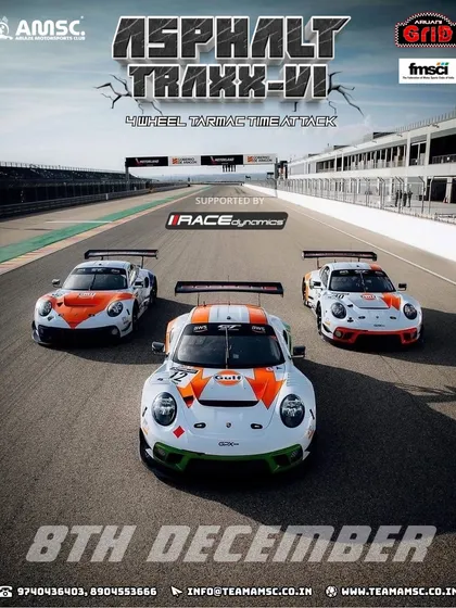 Another poster for the Asphalt Traxx finale, showcasing high-end Porsche race cars. We bring serious racing to Bangalore.