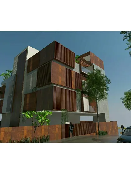 A conceptual design for a "Box House" apartment building. This project explores the use of corten steel panels and exposed concrete to create a bold, cubist facade, reflecting my interest in minimalist forms and contemporary facade materials.