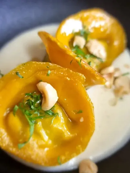 Our artisanal, handmade butternut squash tortellini in a creamy sauce. We received a message from the client right after the event saying we had outdone ourselves, which is the best feedback we can get.
