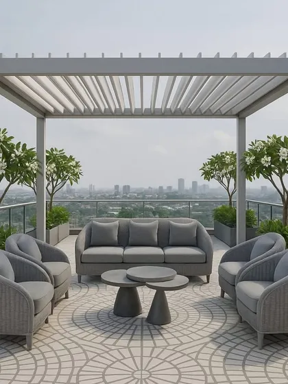Another perspective of the rooftop terrace, showing how the patterned tile flooring unifies the entire space, from the lounge area to the open sky.