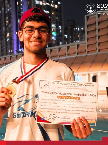 Dev Sardhara, our B.Sc. Sports and Exercise Science student, proudly displays his gold medal and certificate after winning the senior men's category at Aquathlon 2026.