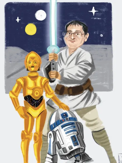 A custom caricature that's out of this world! This digital illustration reimagines the client as Luke Skywalker, complete with his droid companions. It's a perfect gift for any Star Wars fan.