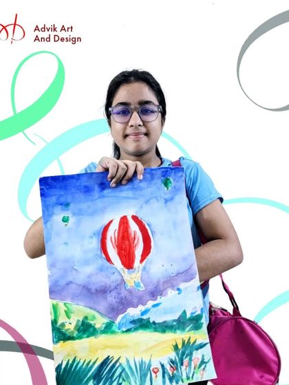 A beautiful watercolor landscape by a student from our junior batch. The hot air balloon adds a touch of whimsy to the colorful sky.
