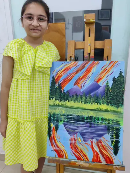 Follow a student's progress on a vibrant landscape painting, showing the development from a simple sketch to a fully colored and detailed scene.