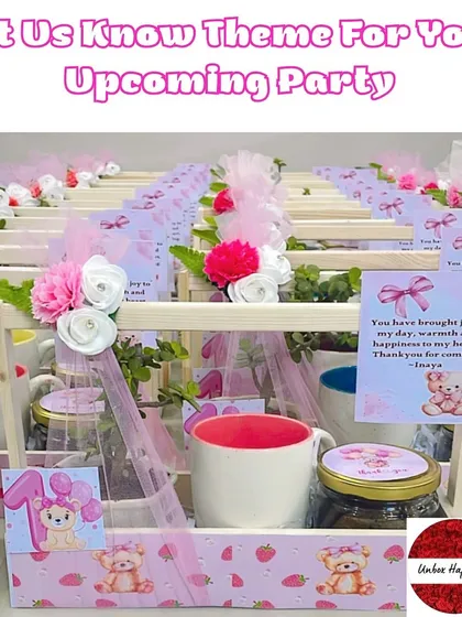 "Let Us Know Theme For Your Upcoming Party." A display of pink teddy bear favors, ready to be customized for your event.