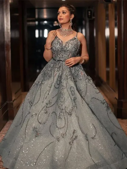 A full shot of the grey-green ball gown, perfect for a reception or engagement party. It's one of my most elegant rental options.