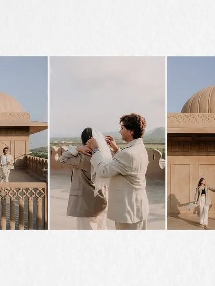 This photo collage tells a small story from the Jaipur pre-wedding shoot. It shows wide, establishing shots of the location, an intimate moment of him helping with her veil, and a classic couple pose.