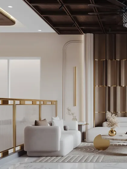 A visualization of a living space defined by rhythmic bronze wall panels and a dark wood grid ceiling. The render captures the architectural drama and the sophisticated layering of materials.