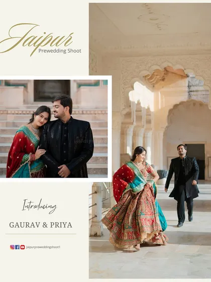 An introductory image for Gaurav and Priya, showing them in beautiful traditional attire walking through the corridors of Amer Fort.