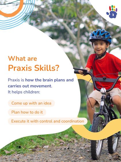 What are Praxis Skills? This graphic explains how praxis is the brain's ability to plan and carry out movement. Our "Move and Groove" group helps children develop this crucial skill for better control and coordination in daily tasks.
