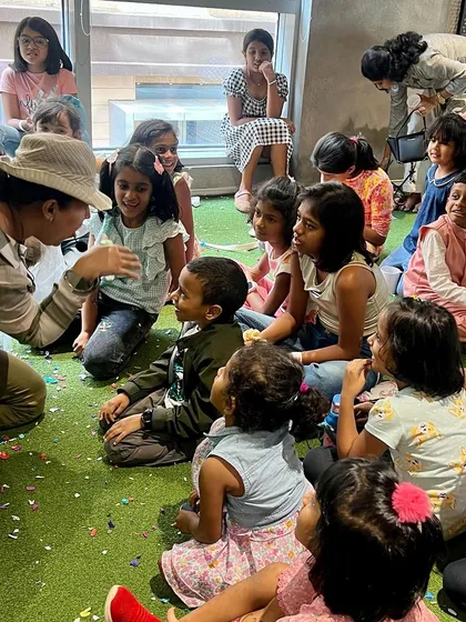 Me in action, fully immersed in the story and interacting with the kids. I believe in making storytelling a dynamic and engaging experience.