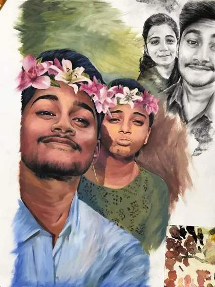 A unique oil and sketch combination portrait, showing a collage of memories for a client.
