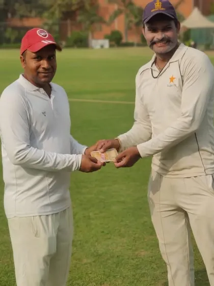 Vinod Yadav being recognized for his powerful knock of 56 runs from 34 balls, a key performance in our victory against Pioneer Cricket Club.