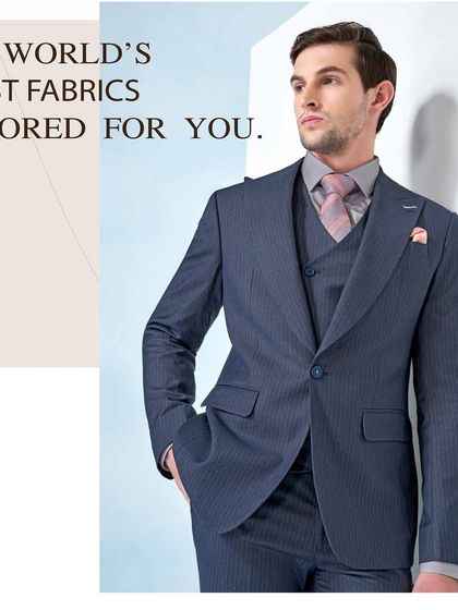 We use the world's finest fabrics and tailor them for you. This navy pinstripe three-piece suit is a perfect example of our commitment to quality and craftsmanship.