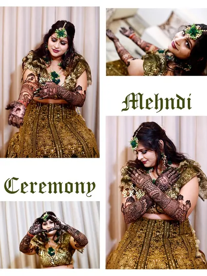 A beautiful collage capturing different poses from the bride's Mehndi photoshoot. This is a great way to showcase the intricate henna from all angles.