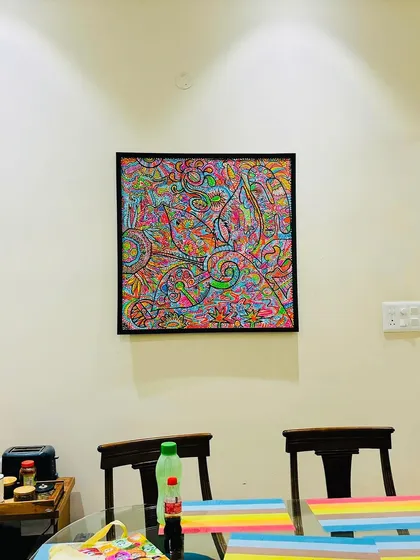 Another view of the canvas print in its new home. The lighting in the room highlights different colors and patterns within the piece.