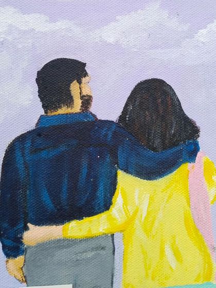Detail of another panel from the collage, capturing a quiet moment between the couple.