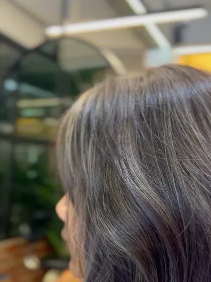 Medium ash blonde babylights on a dark base. This is a great way to blend in grays or simply add some cool-toned dimension.
