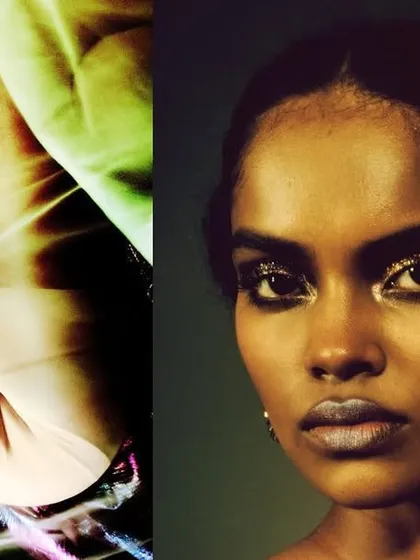 Another abstract diptych, juxtaposing a close-up portrait with a distorted, colorful reflection. This explores the character's inner world in a non-literal way.