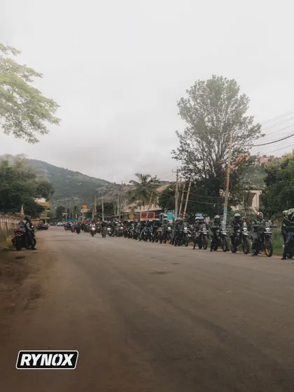 A long, organized line of our members' bikes on the ride to Bhoga Nandishwara Gudi. This shows our commitment to riding in a safe and disciplined convoy, a hallmark of all BMR rides.