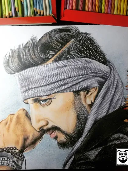 A color sketch of actor Kiccha Sudeep in his look from "The Villain". The challenge here was recreating the texture of the fabric headwrap and his intense gaze using only color pencils.