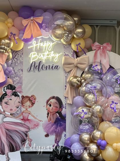 The full setup for the 'Adonia' first birthday party, combining the ballerina and butterfly elements.