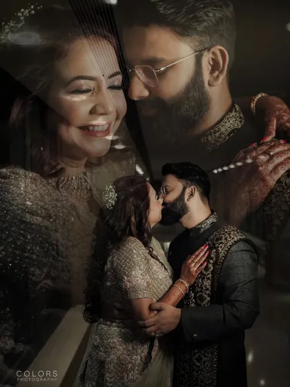 A romantic double exposure, blending a kissing shot with smiling portraits to create a multi-layered, emotional image.