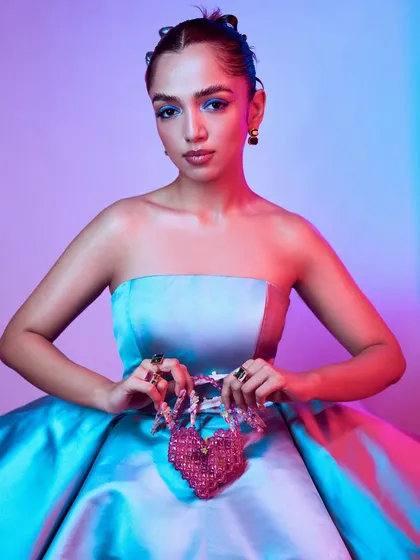 A perfect pairing: a beaded heart-shaped bag and my custom kawaii nails. This look was all about fun, color, and over-the-top charm for a magazine feature.