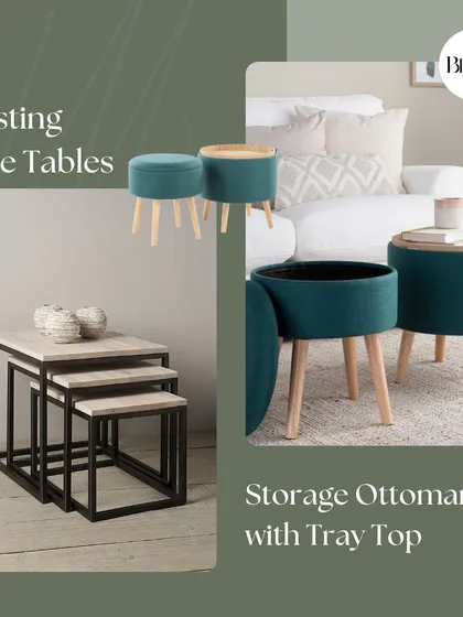 Here we feature nesting side tables and a storage ottoman with a tray top. These items are not only stylish but also incredibly practical for small spaces, offering flexible surfaces and hidden storage.