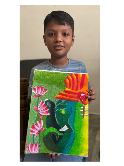 A 5th-grade student's serene drawing of Lord Ganesha with lotus flowers, showcasing a wonderful sense of colour and composition.