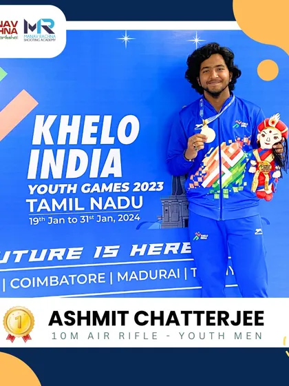 Our shooter Ashmit Chatterjee proudly displays his Gold medal won at the Khelo India Youth Games. We identify and nurture rising stars in Indian shooting.