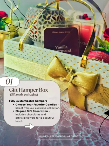 This gift-ready hamper box is fully customizable for Valentine's Day or any day you want to celebrate love. You can select from my exclusive collection of candles and I'll add elegant decorations like artificial flowers and chocolates.