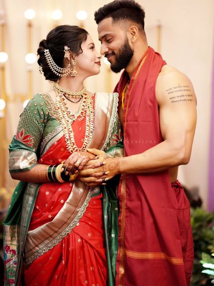 A stunning portrait of the couple, capturing their chemistry and the beauty of their traditional wedding attire.
