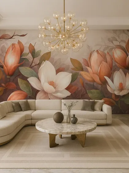 A warm and inviting living room with a 5D mural of orange and white magnolia flowers. The rich colors and detailed textures create a cozy yet sophisticated look.