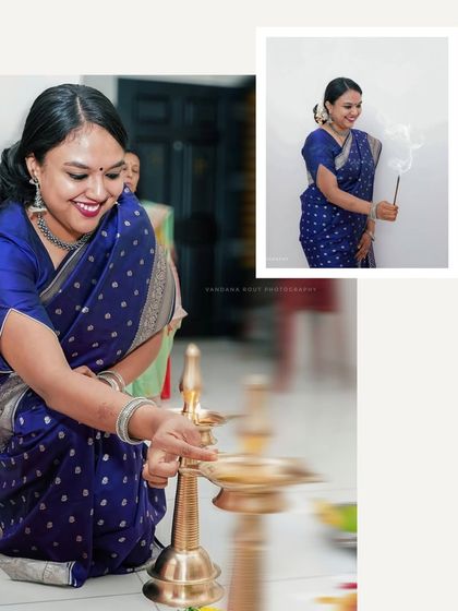 A collage highlighting the lighting of the lamp, a key moment in a Gruha Pravesh pooja. I focus on capturing the symbolic and emotional details of your ceremony.