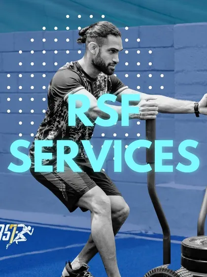 A graphic highlighting our comprehensive services, with founder Chelston Pinto demonstrating a sled push to represent our hands-on, high-performance approach.