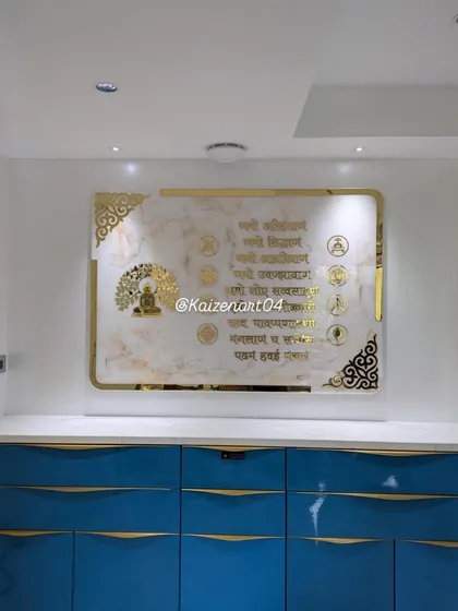 This is one of my larger creations, a 5.5 by 3.5 feet Navkar Mantra frame with a subtle marble theme. It shows how resin art can be scaled to become a stunning centerpiece for an entire room. The glossy finish and detailed golden acrylic lettering make it a truly luxurious piece.