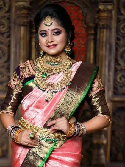 This series features a model in a pink and brown saree, wearing a heavy bridal set with green stone accents, showcasing a complete and regal look.
