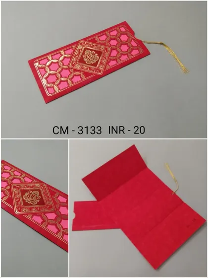 A vibrant red and pink invitation card ideal for traditional wedding ceremonies. It features a geometric honeycomb pattern with a central Ganesha motif in gold foil for blessings.