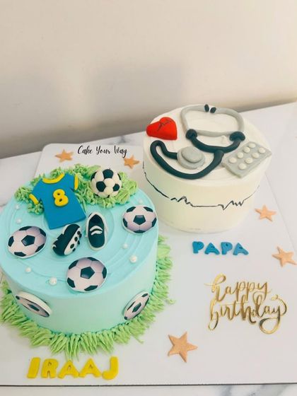 A special set of cakes for a father and son, one for the doctor and one for the little soccer star.