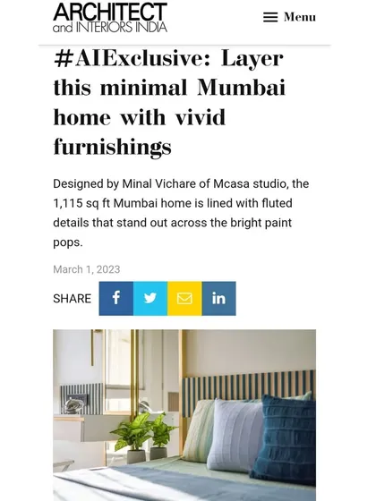 Our 'Cedar Abode' project was featured in Architect and Interiors India, praised for its minimal design and vivid furnishings.