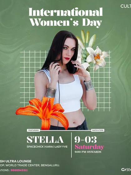 A poster for an International Women's Day celebration featuring an all-female DJ lineup. The design is elegant and powerful, celebrating female talent in the music industry.