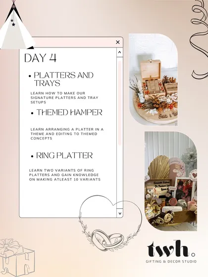 Here's a look at what we cover on Day 4 of my workshop: Platters, Trays, and Themed Hampers. You'll learn my signature techniques for creating stunning arrangements and how to develop concepts for any theme or occasion.