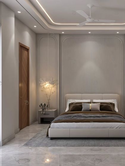 A serene bedroom design featuring a fluted headboard wall flanked by arched panels and delicate wall sconces, creating a soft and symmetrical look.