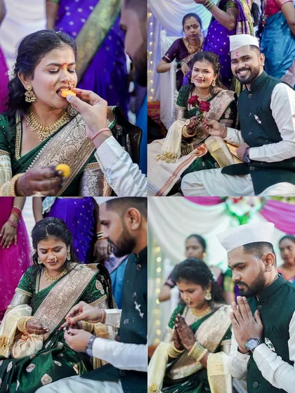 A collage capturing the sweet traditions of an engagement ceremony, including the sharing of food and seeking blessings together.