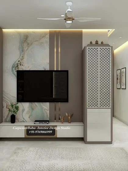 The TV unit in this 2BHK is paired with a tall crockery cabinet featuring a traditional jali pattern, blending modern needs with Indian aesthetics.