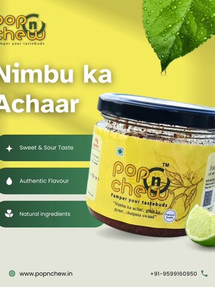 Nimbu ka Achaar, just like you remember it. This graphic highlights the three pillars of our lemon pickle: a sweet and sour taste, an authentic flavour profile, and all-natural ingredients.