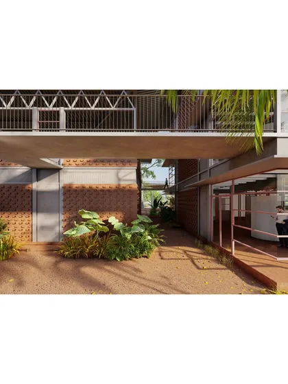 A view of the open-air connectors and landscaped pockets between the classroom pods.