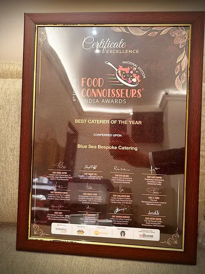 The framed certificate for National Caterer of the Year. This award marks a significant milestone in our journey, especially with our recent expansion into Delhi.